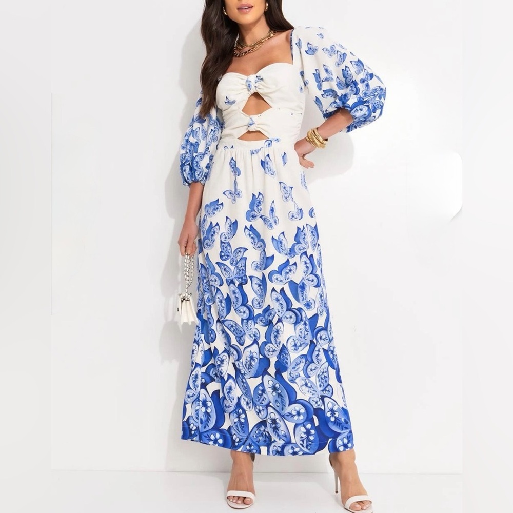 FARM Rio Elegant Blue and White Butterfly Long Dress Size M